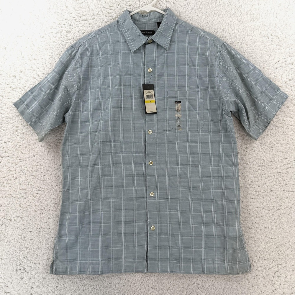 Van Heusen Shirt Mens Medium Blue Plaid Short Sleeve Button Up Classic Fit NWT